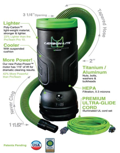 Mosquito Carbon-Lite Corded Backpack Vacuum - Product Features Breakdown Image - Front Side