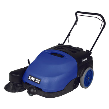 Clarke BSW 28 inch Cordless Sweeper - Front Left angle showing the large diameter traction wheels that provide a smooth operation.