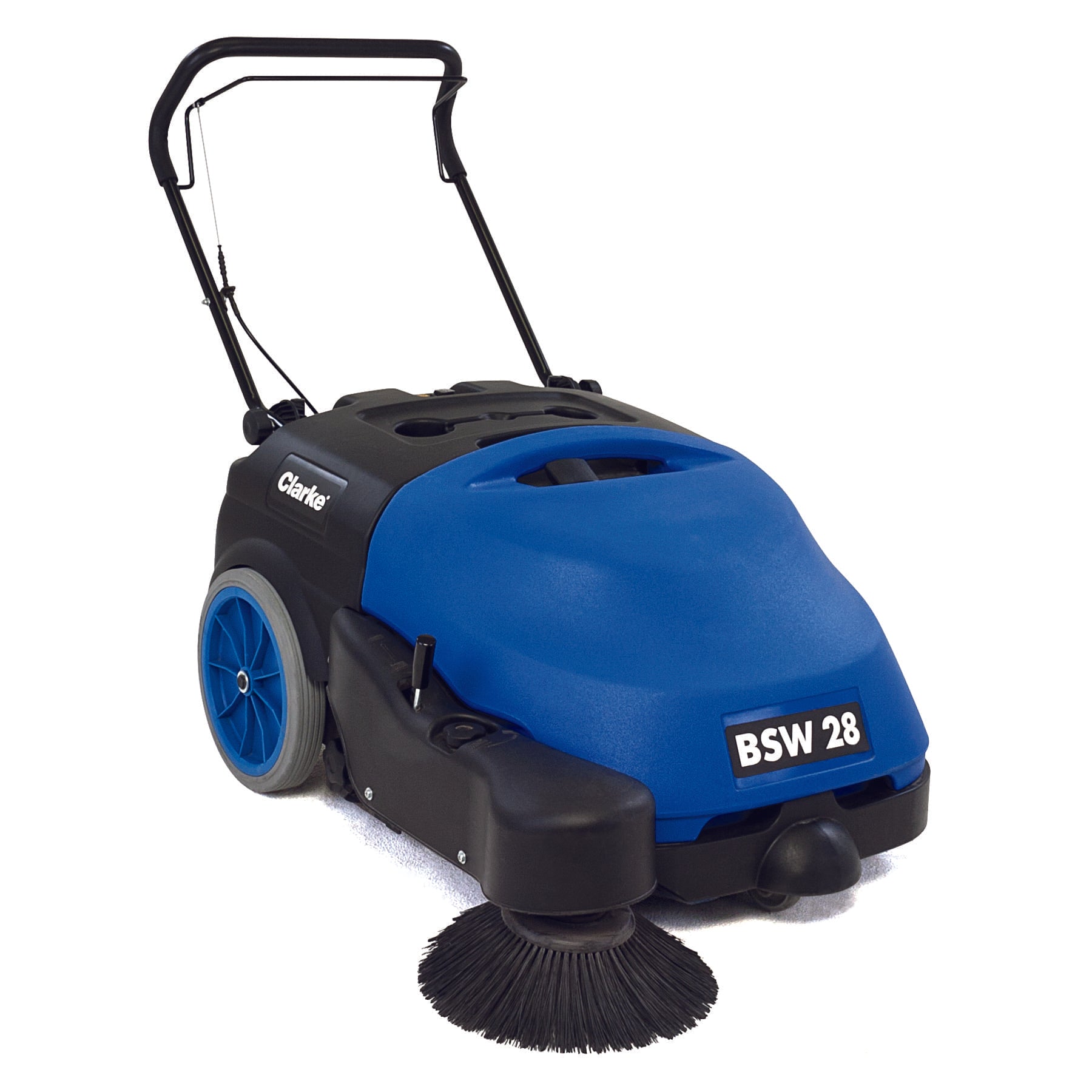 Clarke® BSW 28 inch Cordless Battery Floor Sweeper - Front Right angle showing its blue front and single right side sweeping brush, as well as side broom height adjustment lever.