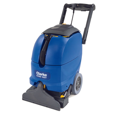 Nilfisk Clarke EX40 16ST Carpet Extractor Front LEft Angle with Vacuum Boot, Brush Lever Down, Blue Color