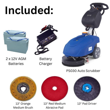 Blue Powr-Flite PS030 COmpact 13 Floor Scrubber with all the included attachments and accessories on a white background