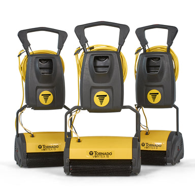 The Tornado® Vortex Line: picturing the 9" (V9), 13" (V13), and 18" (V18) sizes scrubbers side by side.