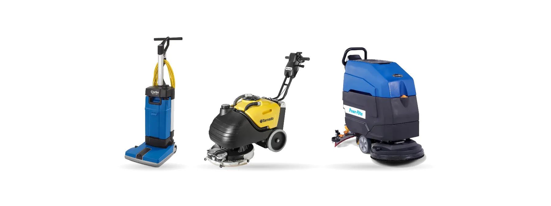 Three compact commercial floor scrubbers side by side: a Clarke MA10 12E upright, a Tornado BD 17/6 walk-behind and a Powr-Flite PS460 walk-behind