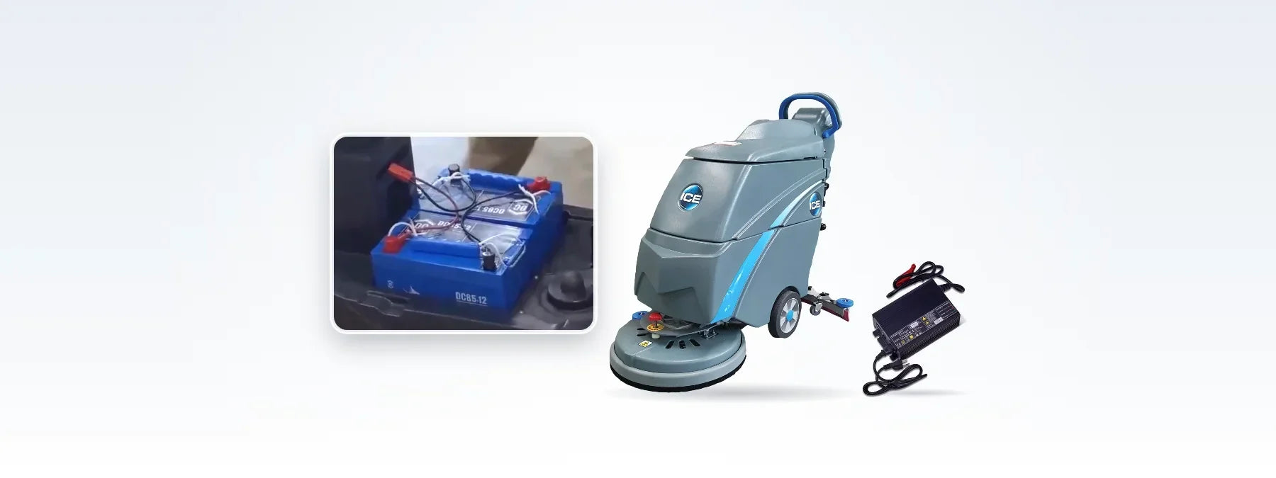Two sealed 12-volt scrubber batteries, an ICE i18B AGM walk-behind floor scrubber and a maintenance-free battery charger