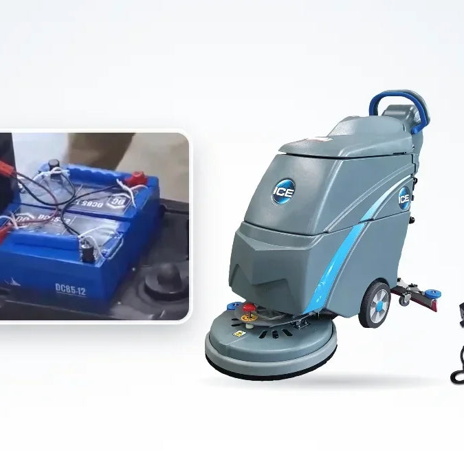 Two sealed 12-volt scrubber batteries, an ICE i18B AGM walk-behind floor scrubber and a maintenance-free battery charger