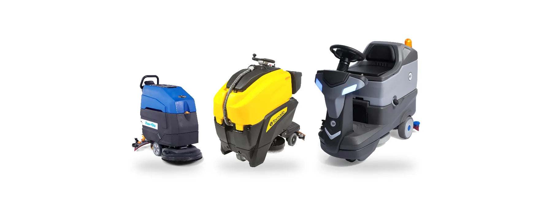 Three auto scrubber sizes side by side: Powr-Flite PS460 walk-behind, Tornado BDSO 27/28 stand-on and ICE RS20L ride-on
