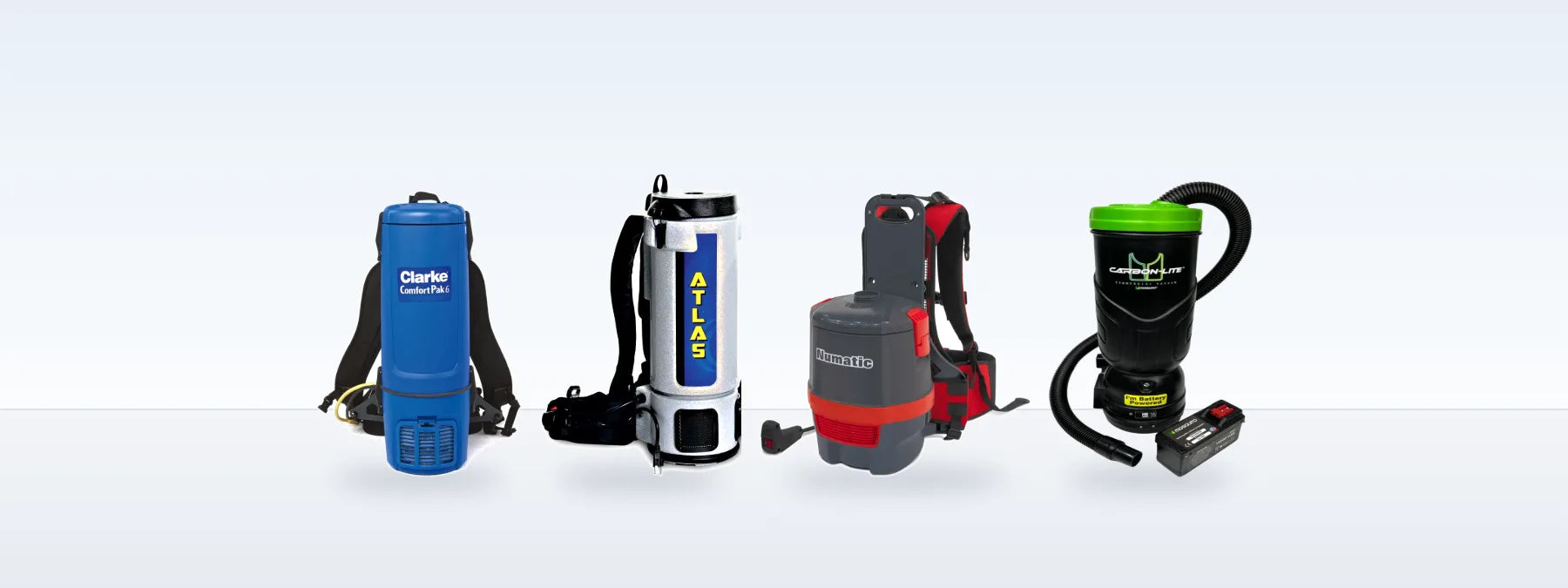 Clarke Comfort Pak 6, EDIC Atlas, NaceCare and Mosquito Carbon-Lite cordless backpack vacuums side by side
