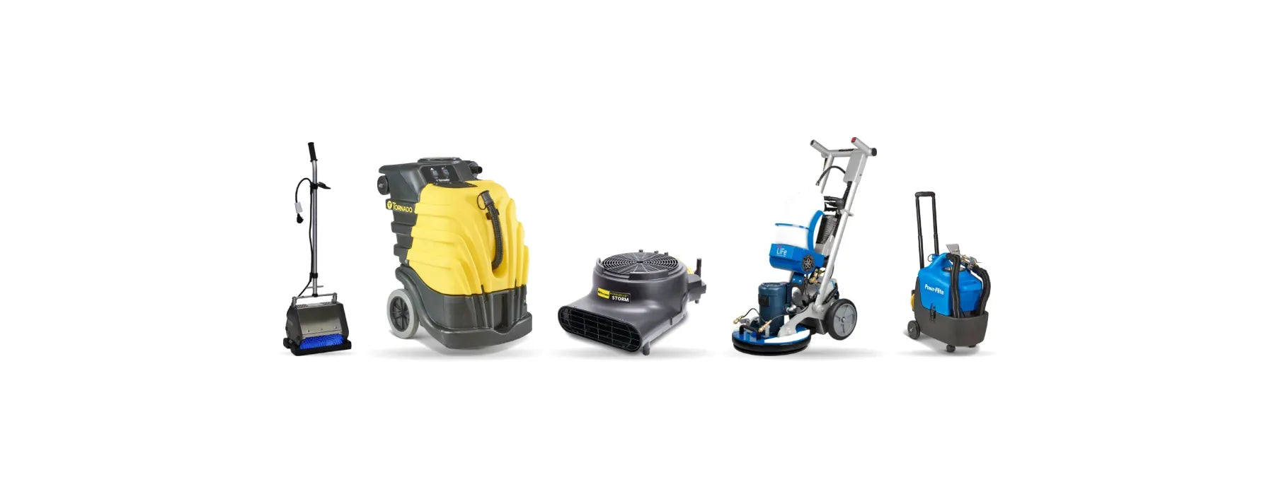 TM3 CRB machine, Tornado Surge 10 carpet extractor, Tornado Windshear Storm air mover, Orbot LiFe orbital floor machine and Powr-Flite Photon spotter on a white background