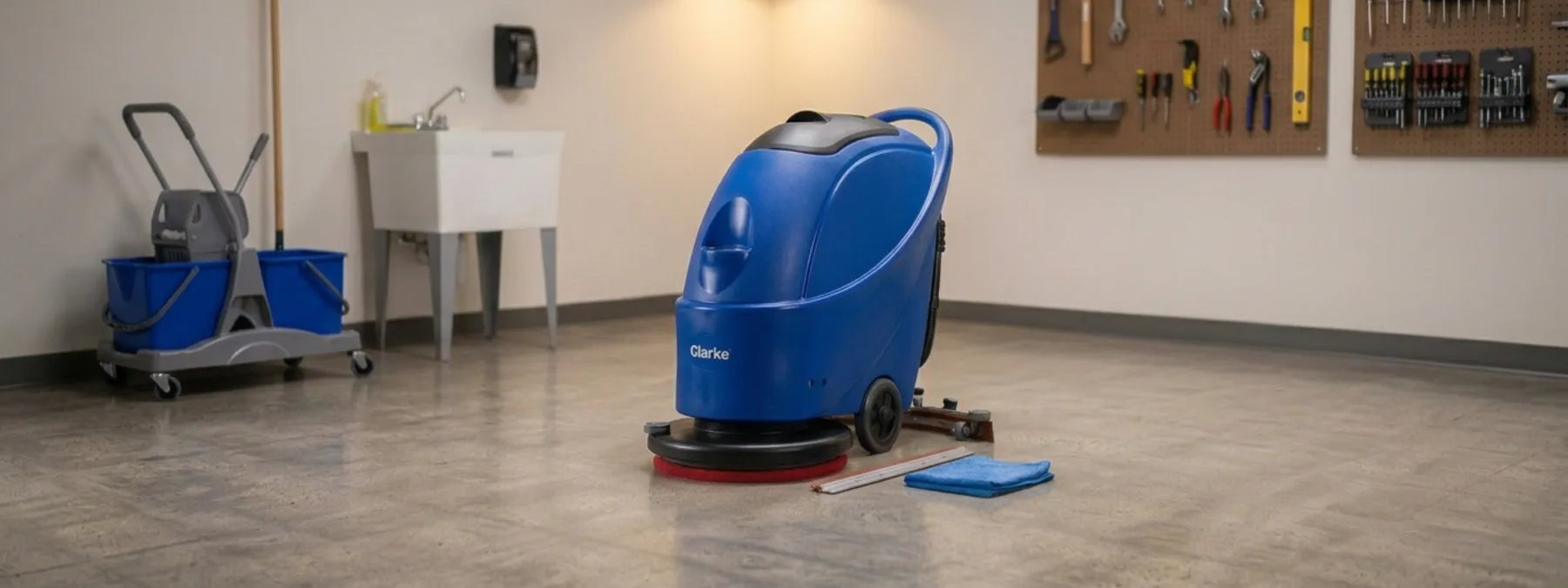 Clarke walk-behind floor scrubber in a maintenance room beside a spare squeegee blade and a microfiber cloth