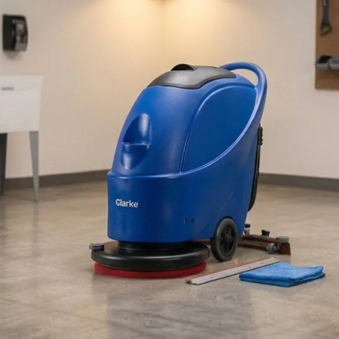 Clarke walk-behind floor scrubber in a maintenance room beside a spare squeegee blade and a microfiber cloth