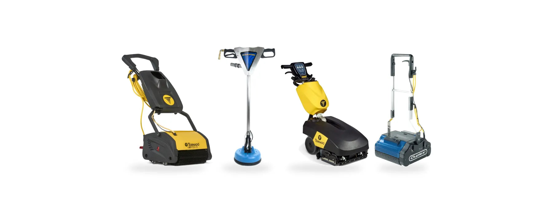 Tornado Vortex 13 CRB scrubber, EDIC Revolution spinner tool, Tornado BR 13/2 cylindrical scrubber and NaceCare Duplex 420 CRB machine on white
