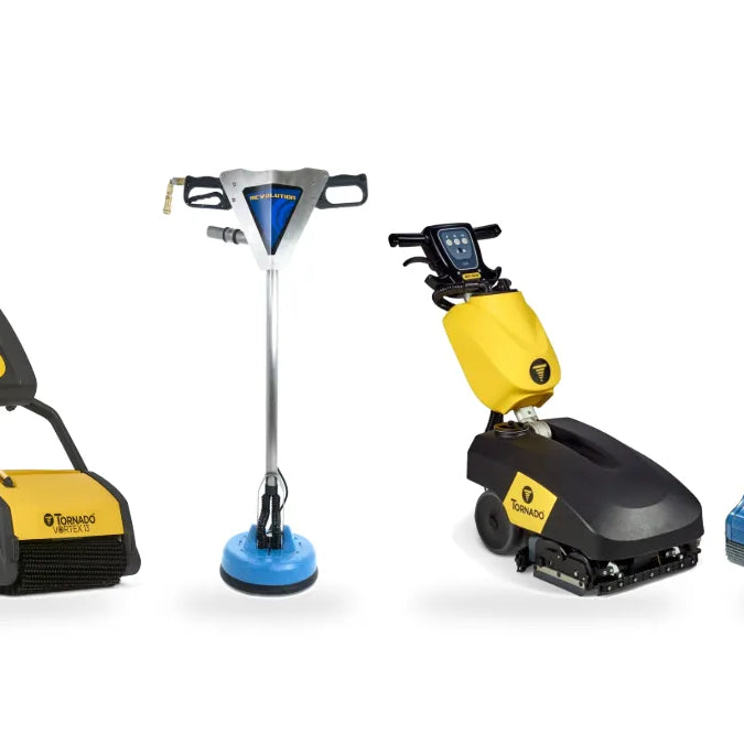 Tornado Vortex 13 CRB scrubber, EDIC Revolution spinner tool, Tornado BR 13/2 cylindrical scrubber and NaceCare Duplex 420 CRB machine on white