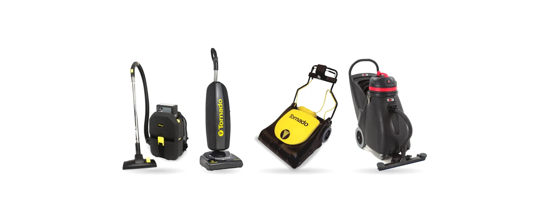 Four commercial vacuum types on white: Tornado Zephyr backpack, Tornado CK ULW upright, Tornado CK3030 wide area vacuum and Viper Shovelnose wet dry vacuum