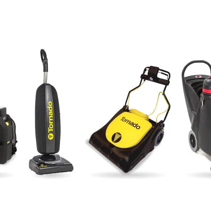 Four commercial vacuum types on white: Tornado Zephyr backpack, Tornado CK ULW upright, Tornado CK3030 wide area vacuum and Viper Shovelnose wet dry vacuum