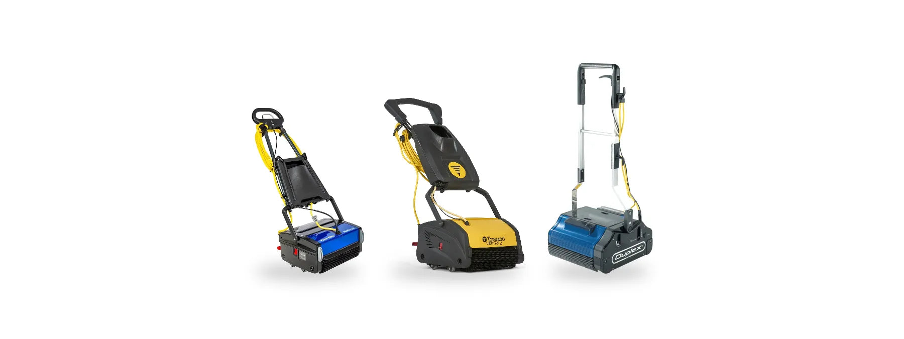 Three compact cylindrical brush scrubbers: Powr-Flite Multiwash 14, Tornado Vortex 13 and NaceCare Duplex 420