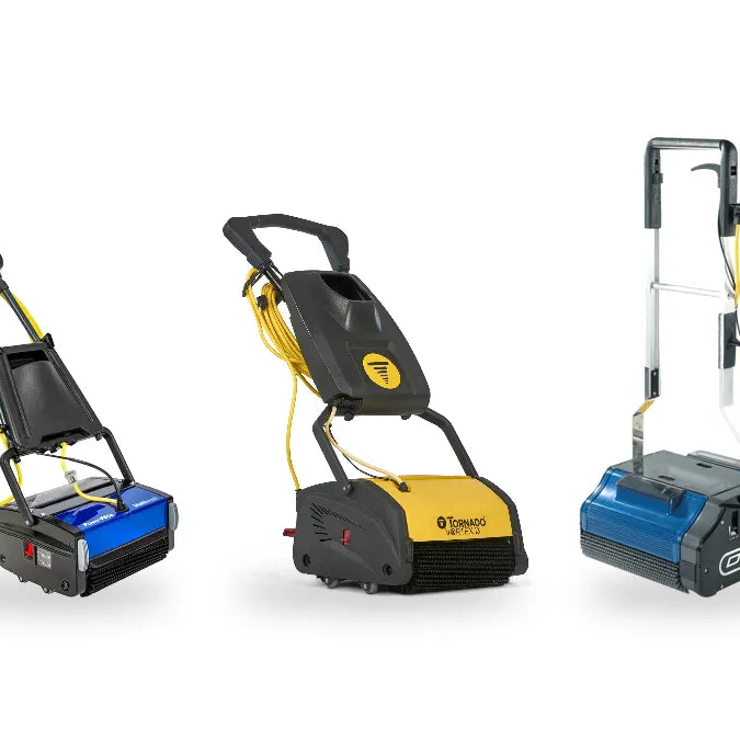 Three compact cylindrical brush scrubbers: Powr-Flite Multiwash 14, Tornado Vortex 13 and NaceCare Duplex 420