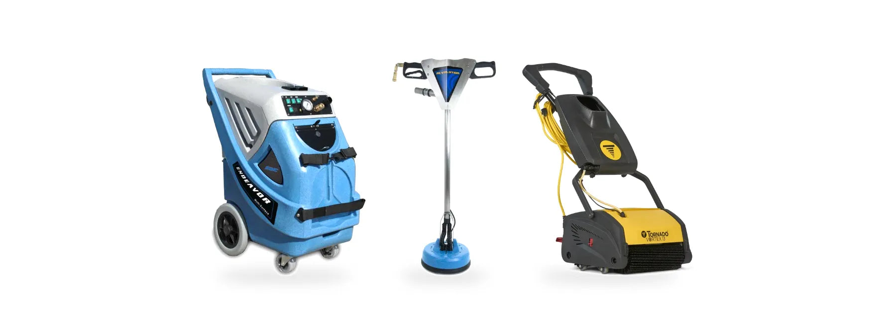 EDIC Endeavor extractor, EDIC Revolution tile and grout spinner tool and Tornado Vortex 13 CRB scrubber