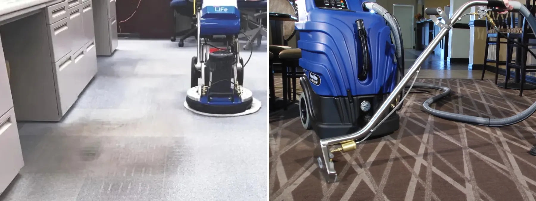 Orbot LiFE orbital floor machine cleaning office carpet tile next to a Powr-Flite heated box extractor with a stainless wand on patterned commercial carpet