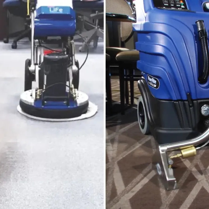 Orbot LiFE orbital floor machine cleaning office carpet tile next to a Powr-Flite heated box extractor with a stainless wand on patterned commercial carpet