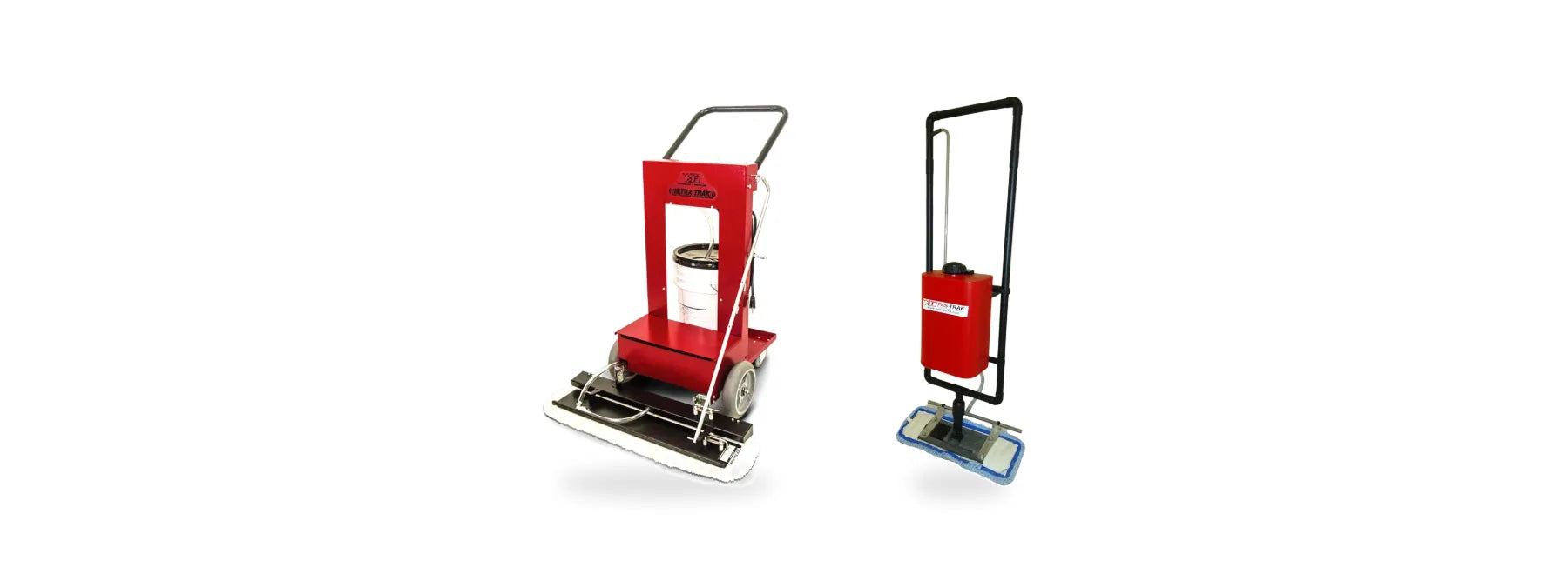 Fas-Trak Ultra-Trak Plus wide floor finish applicator and the smaller Micro-Trak Plus with its blue microfiber pad, on white