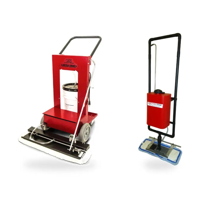 Fas-Trak Ultra-Trak Plus wide floor finish applicator and the smaller Micro-Trak Plus with its blue microfiber pad, on white