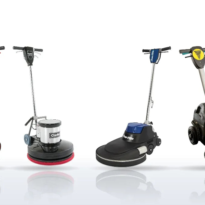 Two low-speed floor buffers from Viper and Clarke beside two high-speed burnishers from Powr-Flite and Tornado