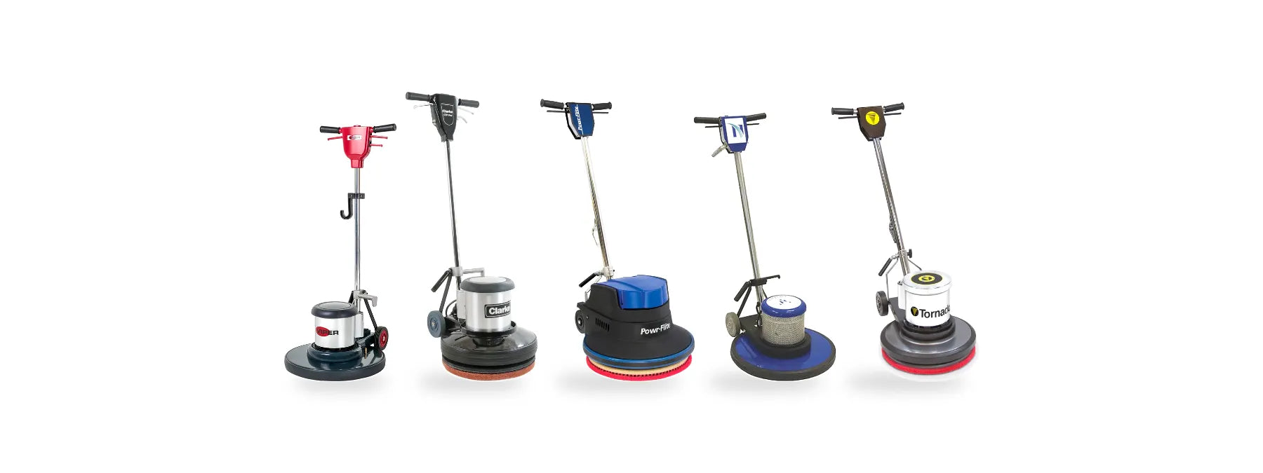 Five 175 RPM floor buffers side by side: Viper Venom, Clarke CFP Pro, Powr-Flite Millennium, NaceCare NA 20SS and Tornado M Series