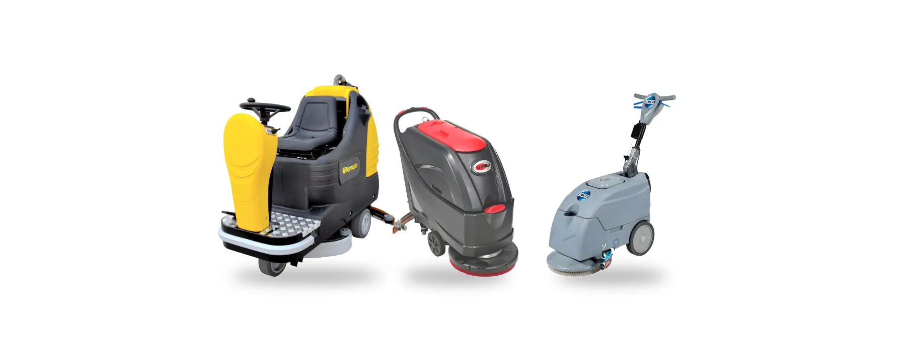 Tornado BR 28/27 ride-on, Viper AS5160 walk-behind and ICE i15B micro floor scrubbers side by side on white