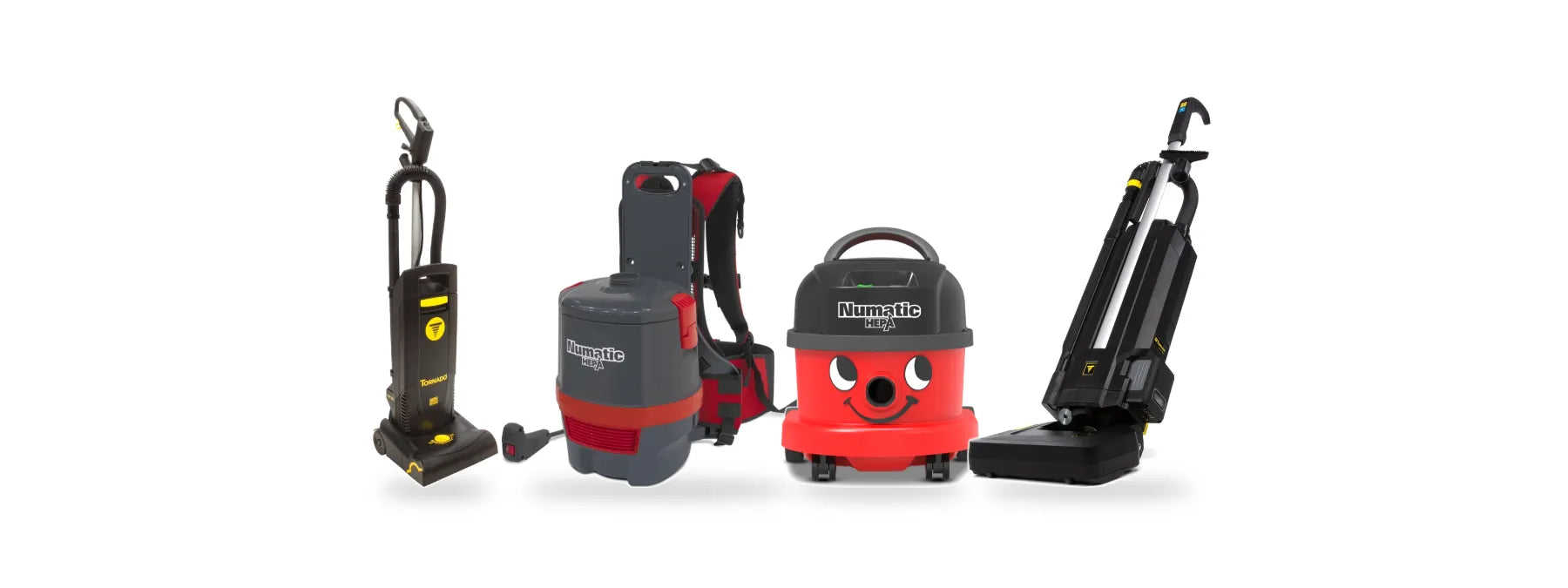 Tornado CVD 30 upright, NaceCare RSV 150H backpack, NaceCare NBV 240NXH canister and Tornado Strike cordless upright HEPA vacuums
