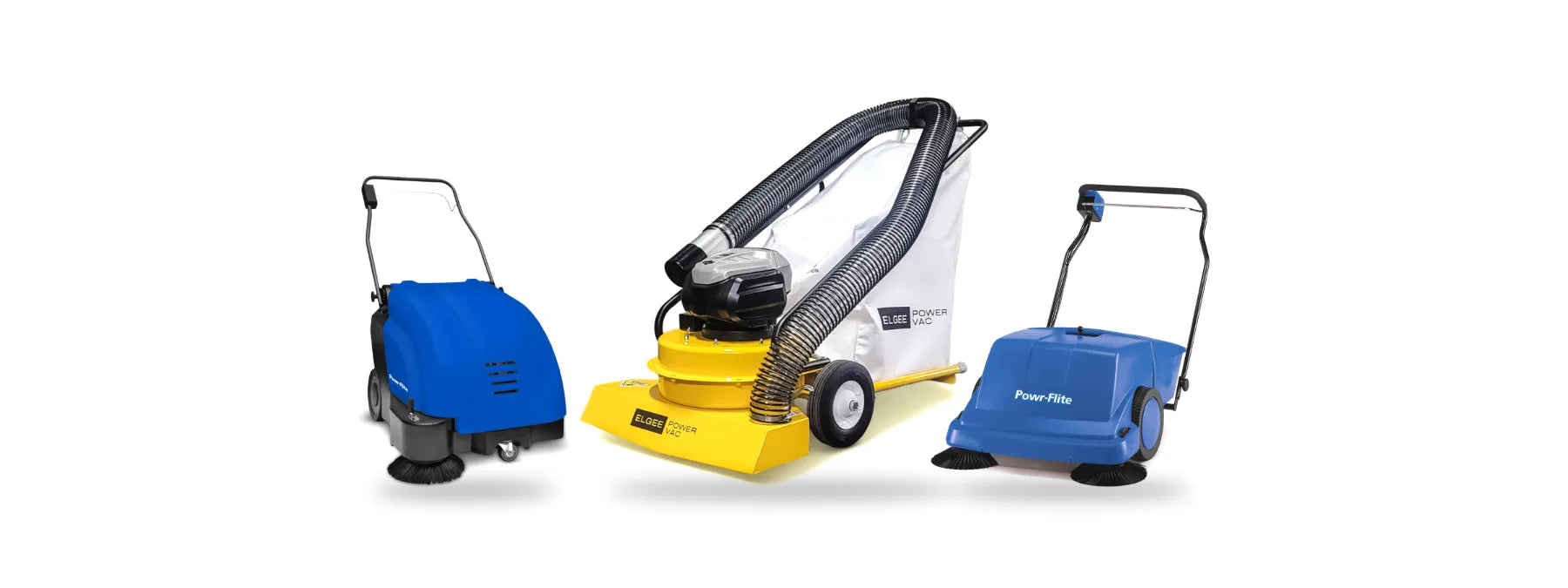 Powr-Flite Quasar 26 vacuum sweeper, Elgee Power-Vac Lithium-Ion barn vacuum and Powr-Flite PS900BC sweeper on a white background