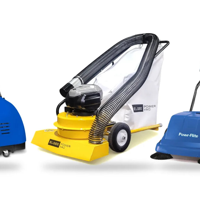 Powr-Flite Quasar 26 vacuum sweeper, Elgee Power-Vac Lithium-Ion barn vacuum and Powr-Flite PS900BC sweeper on a white background