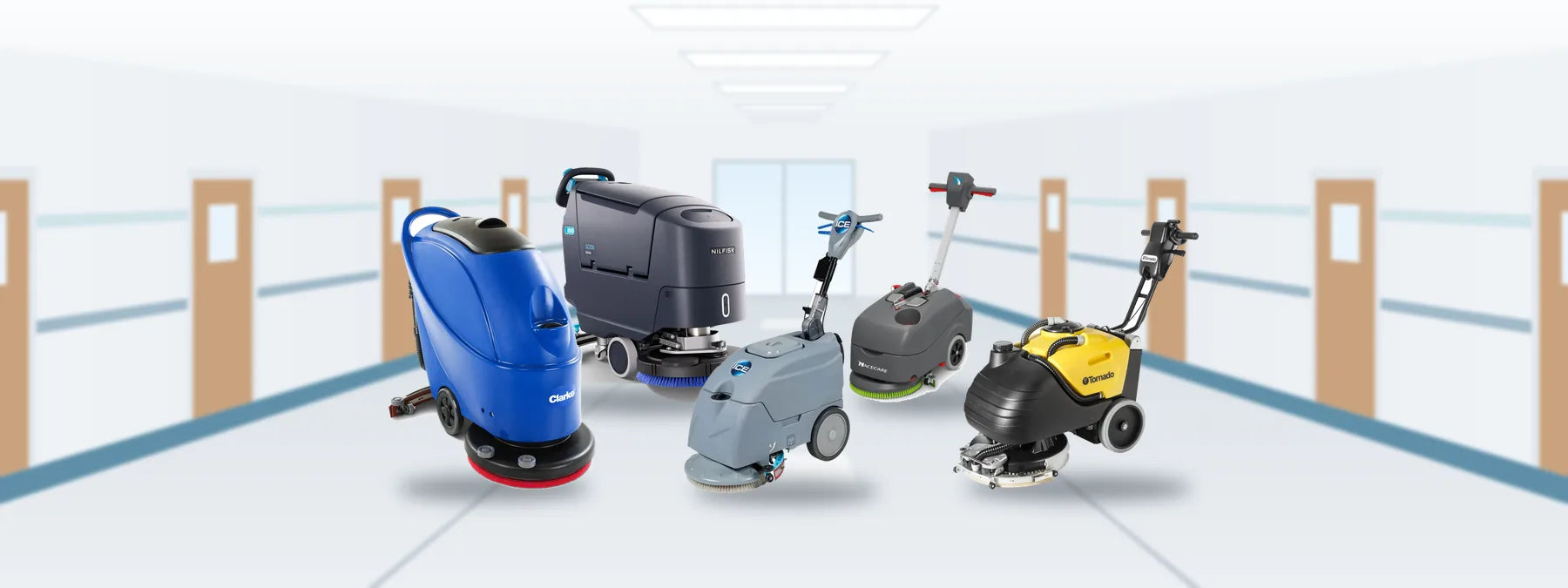 Clarke, Nilfisk, ICE, NaceCare and Tornado compact floor scrubbers in an illustrated hospital corridor