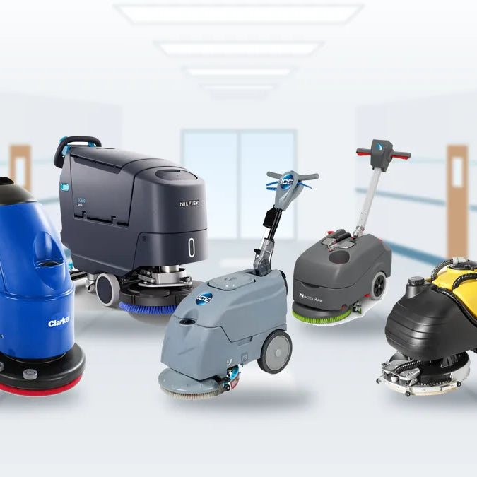 Clarke, Nilfisk, ICE, NaceCare and Tornado compact floor scrubbers in an illustrated hospital corridor