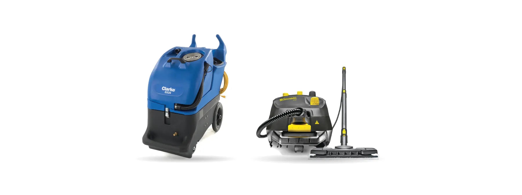 Clarke EX20 portable carpet extractor beside a Tornado VS4 steam cleaner on a white background