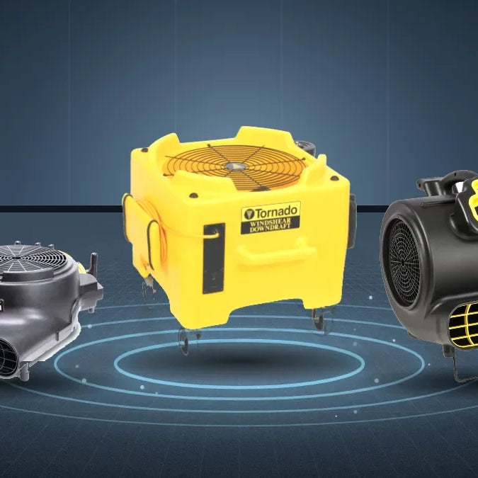 Tornado Windshear Storm, Downdraft and 3200 air movers on carpet, with airflow rings around the Downdraft and air streams from the Storm and 3200
