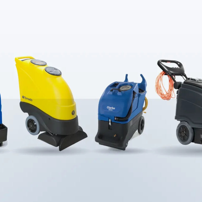 Portable and self-contained commercial carpet extractors from Powr-Flite, Tornado, Clarke and Viper