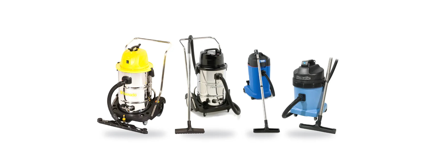 Tornado Taskforce 20, Powr-Flite PF57, Clarke Maxxi II 35 and NaceCare CV 570 commercial wet dry vacuums