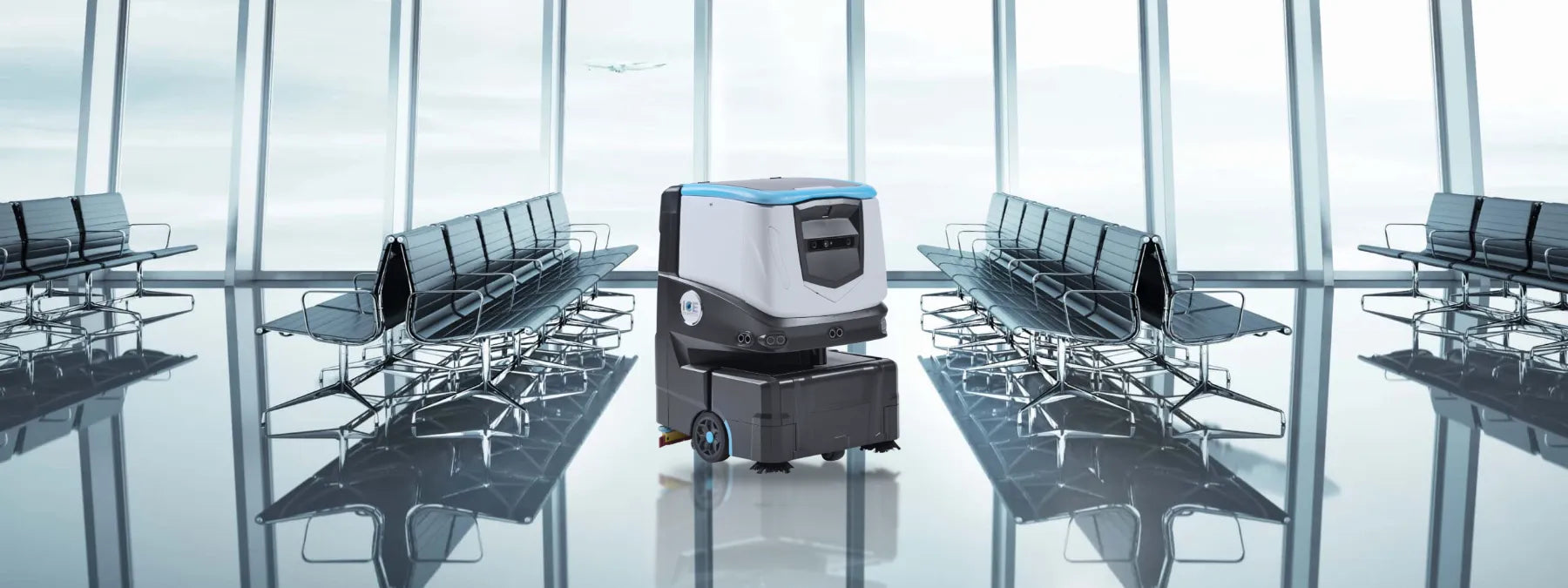 Composite image of an ICE Cobi 18 robotic floor scrubber on the polished floor of an airport gate lounge between rows of seats