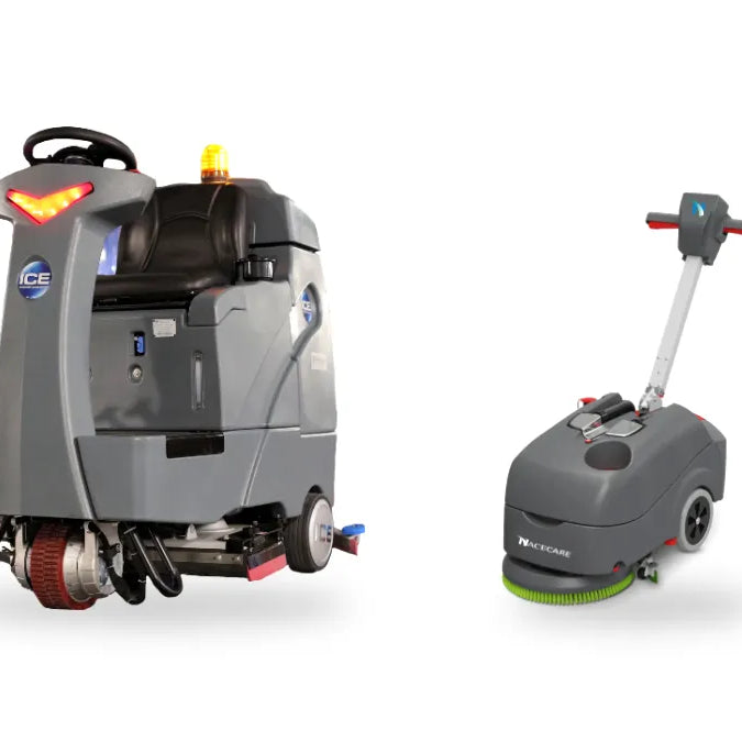 ICE RS32L ride-on and NaceCare TGB 516NX compact lithium floor scrubbers