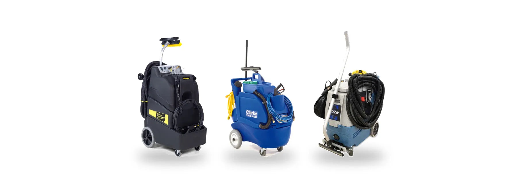 Tornado Touchless Cleaner, Clarke TFC 400 and EDIC CR2 touchless restroom cleaners side by side on white