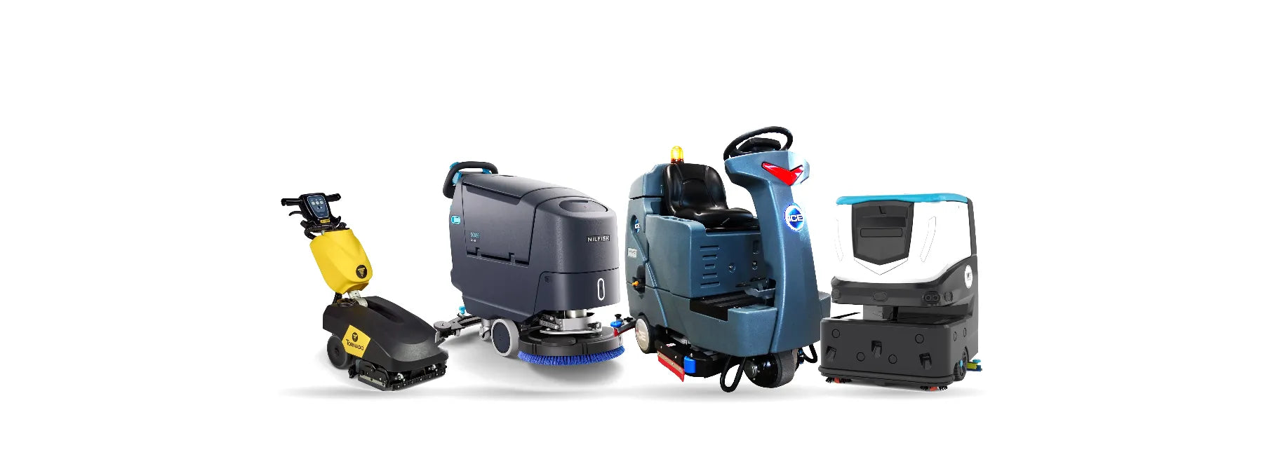 Tornado BR 13/2 micro scrubber, Nilfisk SC550 walk-behind, ICE RS26L ride-on and ICE Cobi 18 robotic floor scrubbers side by side