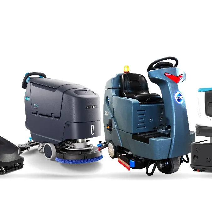 Tornado BR 13/2 micro scrubber, Nilfisk SC550 walk-behind, ICE RS26L ride-on and ICE Cobi 18 robotic floor scrubbers side by side