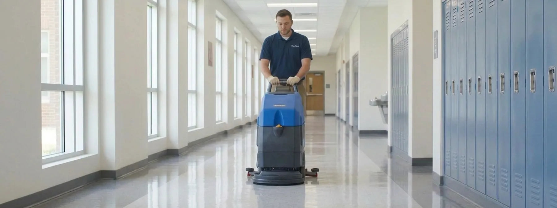 Operator pushing a walk-behind floor scrubber down a glossy school hallway