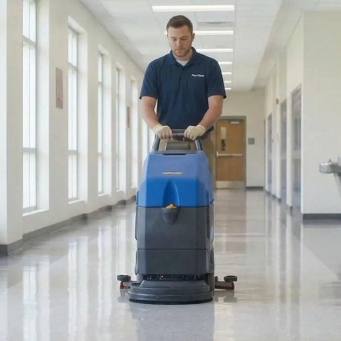 Operator pushing a walk-behind floor scrubber down a glossy school hallway