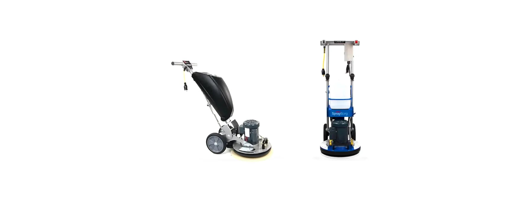 Orbot Vibe and Orbot SprayBorg orbital floor machines side by side