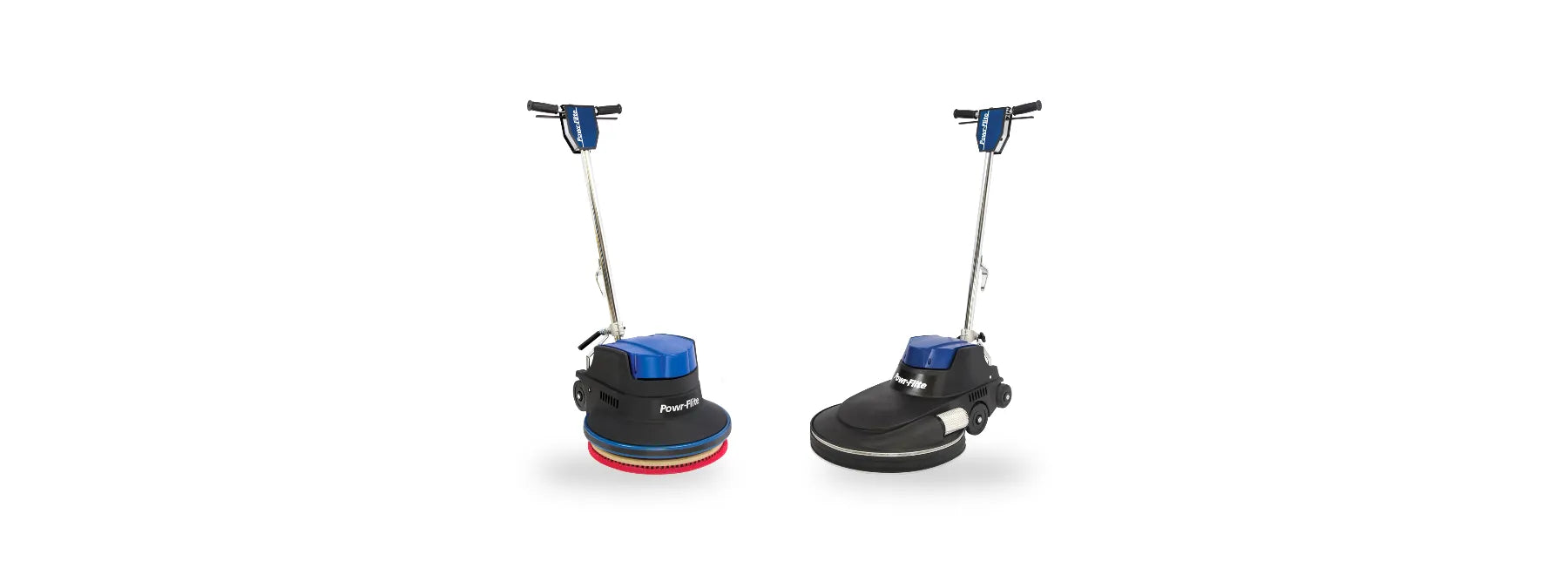 Powr-Flite Millennium low-speed floor machine beside a Powr-Flite Millennium high-speed burnisher