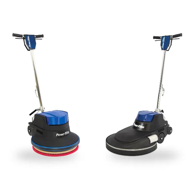 Powr-Flite Millennium low-speed floor machine beside a Powr-Flite Millennium high-speed burnisher