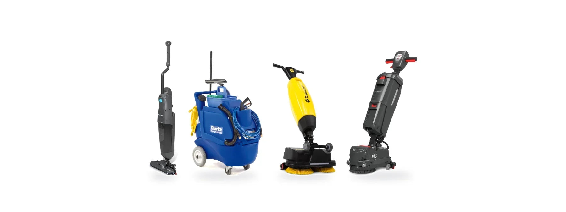 Nilfisk Dryft, Clarke TFC 400, Tornado Microburst and NaceCare 220NX restroom cleaning machines side by side