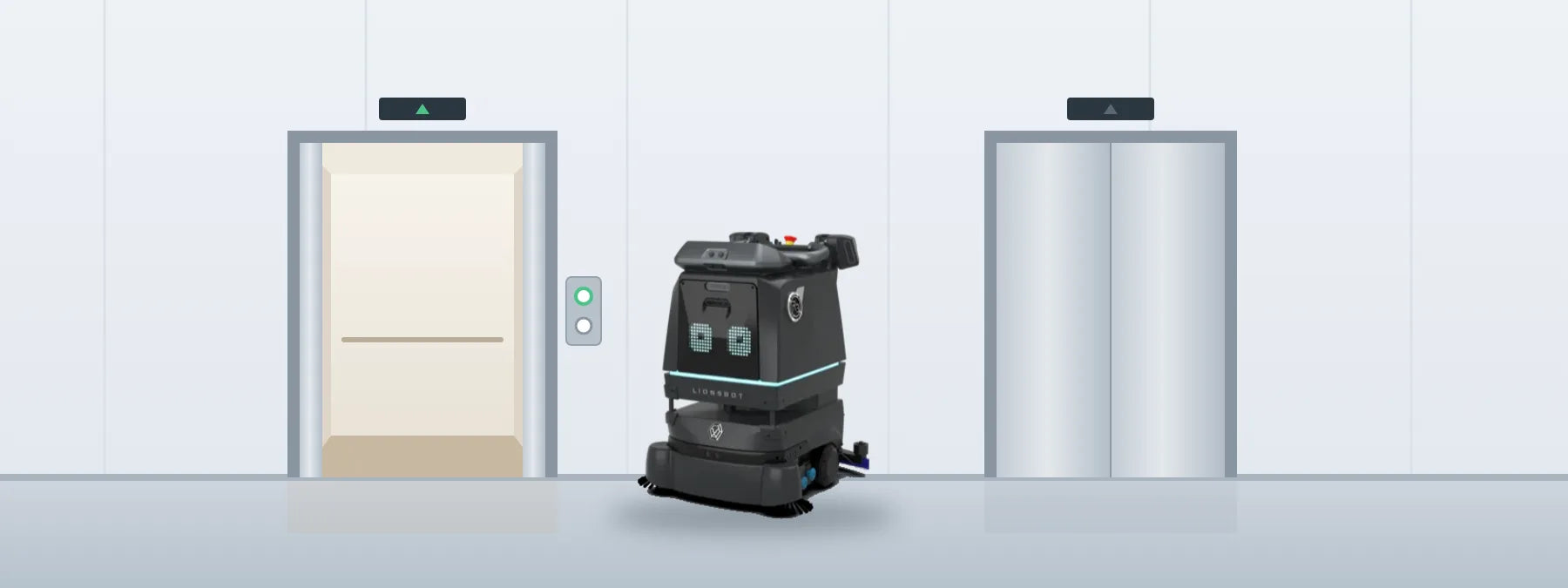 LionsBot R3 Scrub Pro cleaning robot in an elevator lobby, beside an open elevator car