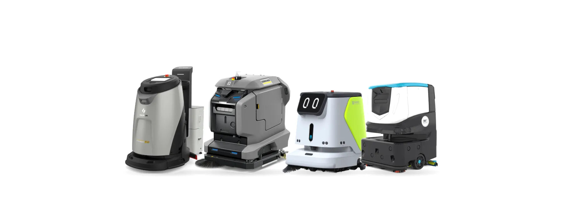Gausium Scrubber 50 at its workstation, Kärcher KIRA robotic scrubber, Pudu CC1 and ICE Cobi 18 robotic floor scrubbers side by side